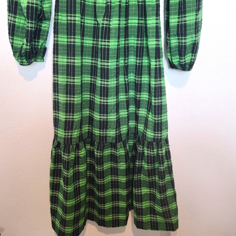 GANNI Seersucker Checked Smocked Maxi Dress in Green NWT Size 40 - Picture 8 of 14